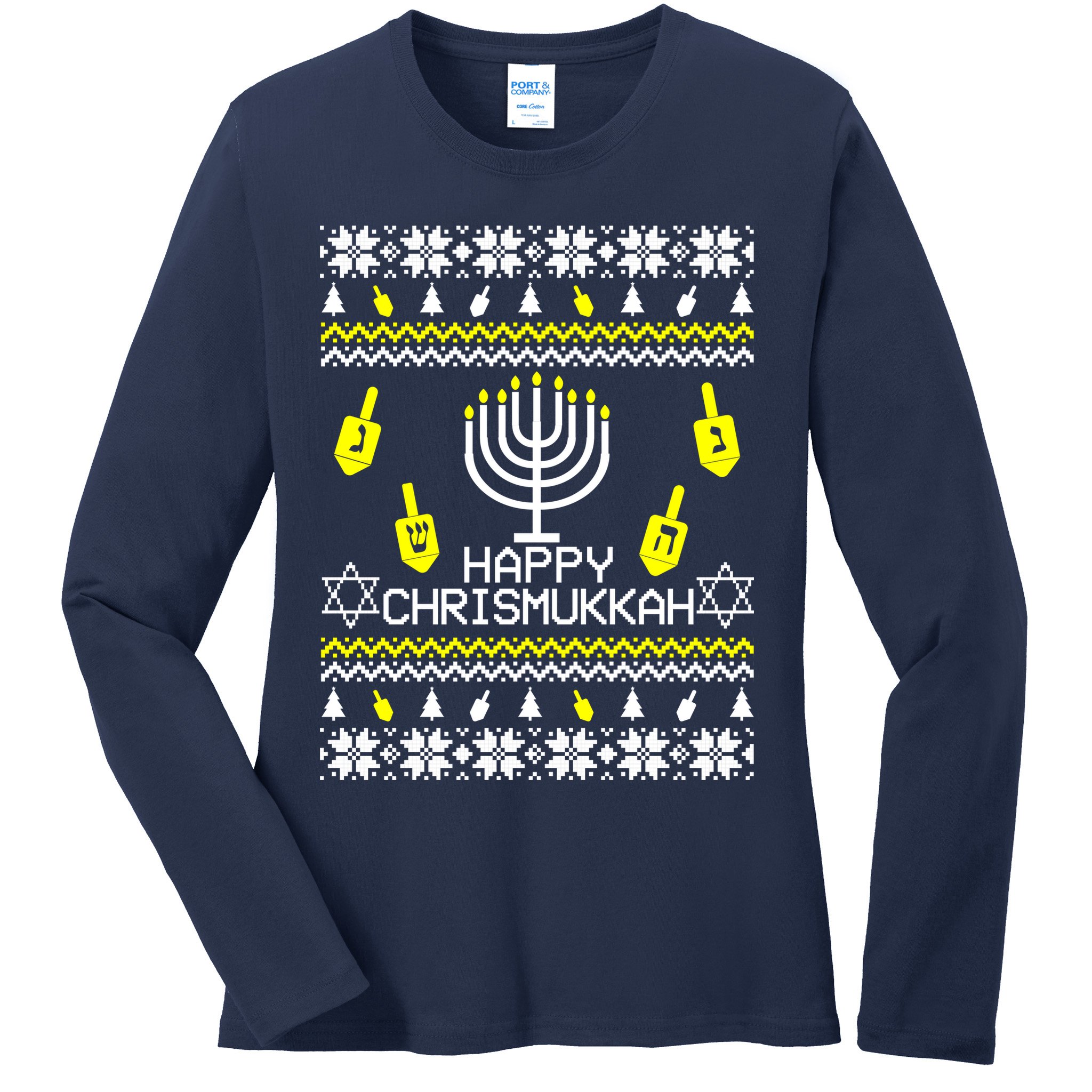 Happy Chrismukkah Hanukkah Ugly Christmas Ladies Long Sleeve Shirt