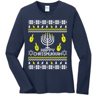 Happy Chrismukkah Hanukkah Ugly Christmas Ladies Long Sleeve Shirt