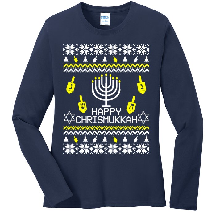 Happy Chrismukkah Hanukkah Ugly Christmas Ladies Long Sleeve Shirt