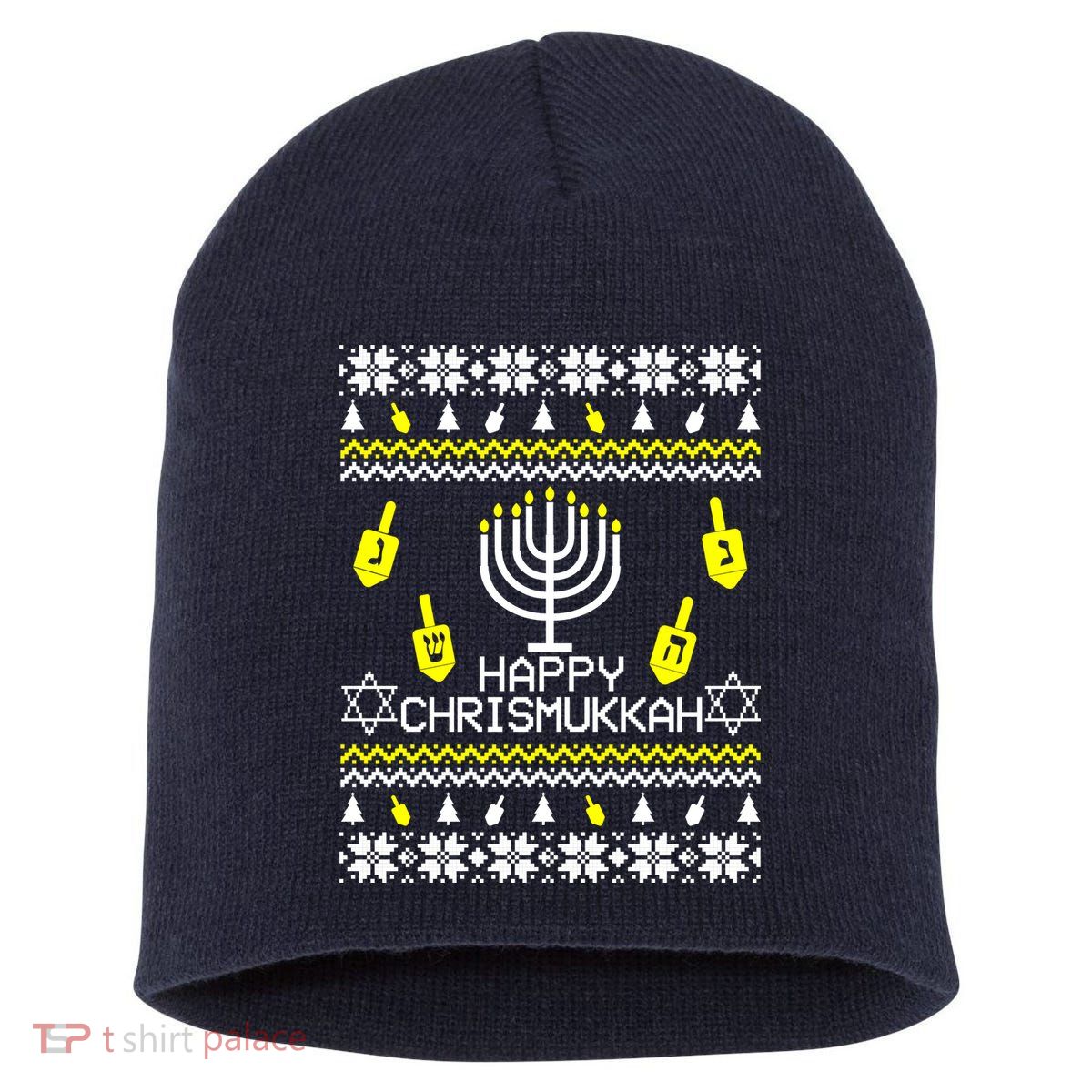 Happy Chrismukkah Hanukkah Ugly Christmas Short Acrylic Beanie