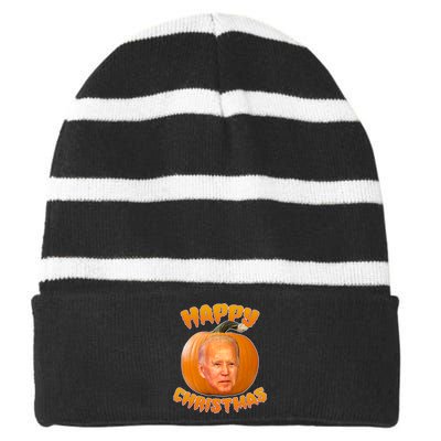 Happy Christmas Joe Biden Halloween Pro Trump  Striped Beanie with Solid Band