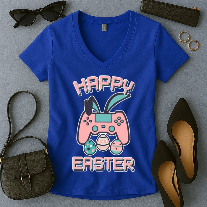 Happy Easter Bunny Game Controller Women's V-Neck T-Shirt