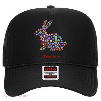 Happy Easter Bunny Rabbit Flowers Logo High Crown Mesh Back Trucker Hat
