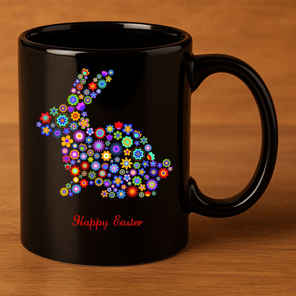Happy Easter Bunny Rabbit Flowers Logo 11oz C Handle Ceramic Mug