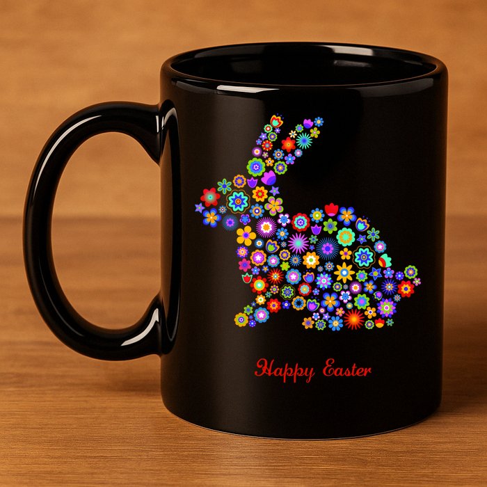 Happy Easter Bunny Rabbit Flowers Logo 11oz C Handle Ceramic Mug