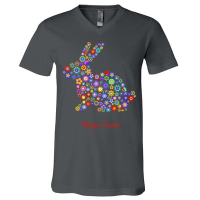 Happy Easter Bunny Rabbit Flowers Logo V-Neck T-Shirt