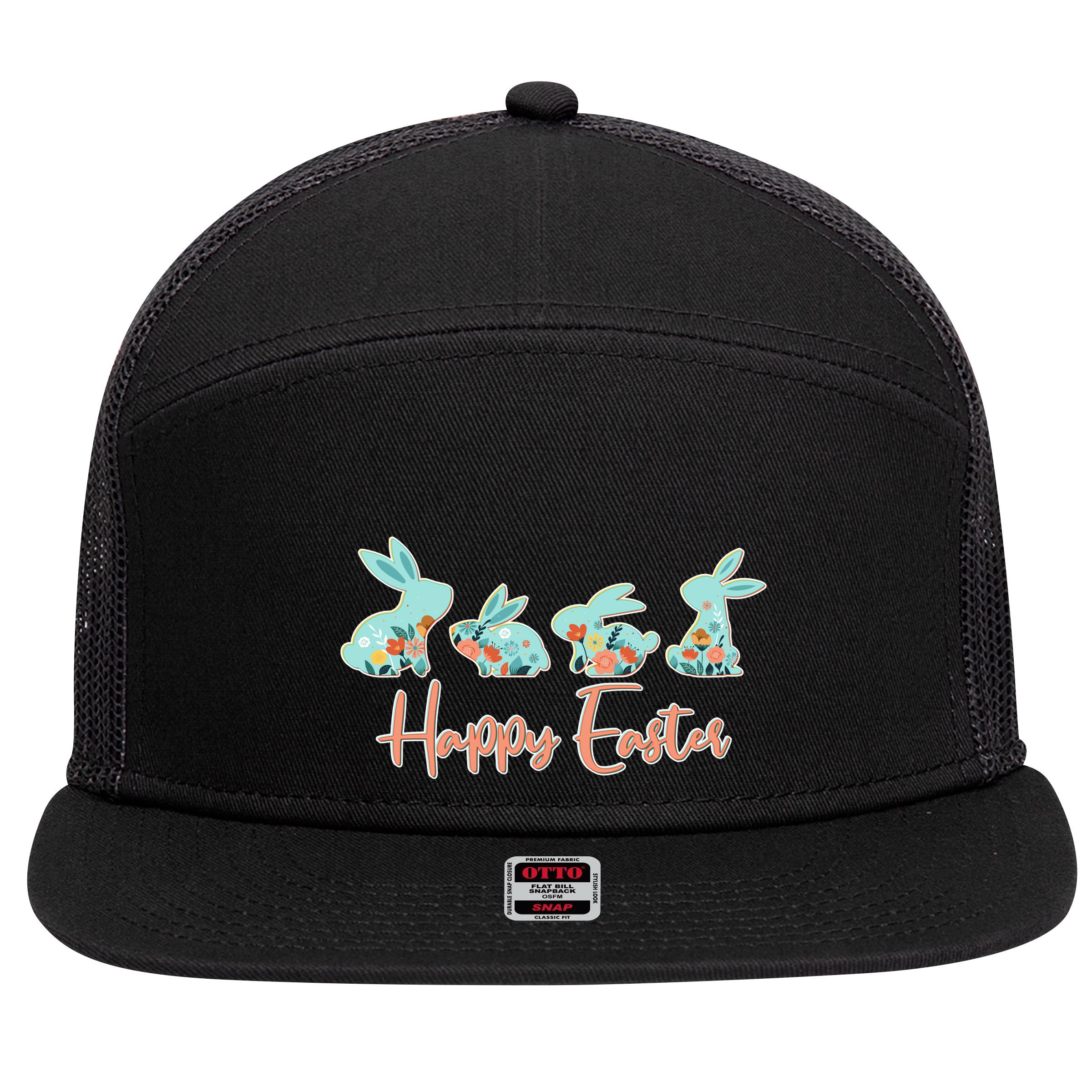 Happy Easter Flower Bunnies 7 Panel Mesh Trucker Snapback Hat