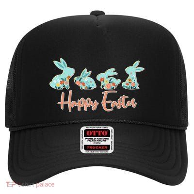 Happy Easter Flower Bunnies High Crown Mesh Back Trucker Hat