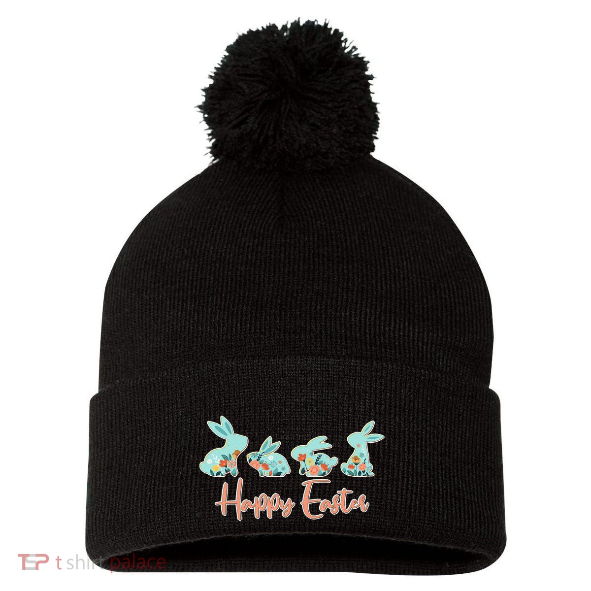 Happy Easter Flower Bunnies Pom Pom 12in Knit Beanie