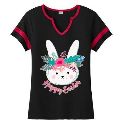 Happy Easter Flower Bunny Ladies Halftime Notch Neck Tee