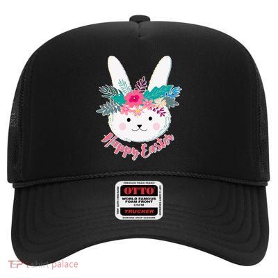 Happy Easter Flower Bunny High Crown Mesh Back Trucker Hat