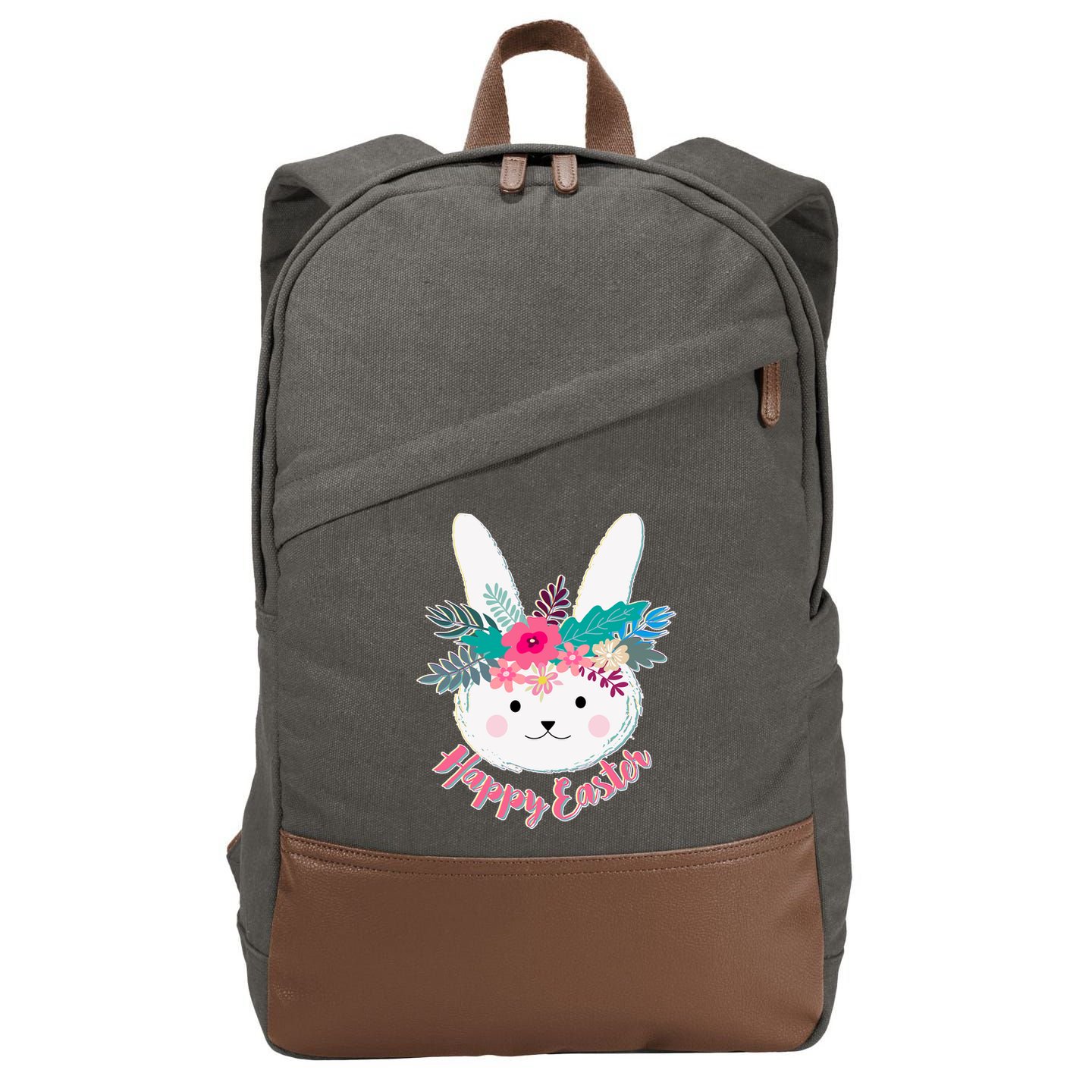 Happy Easter Flower Bunny Cotton Canvas Backpack