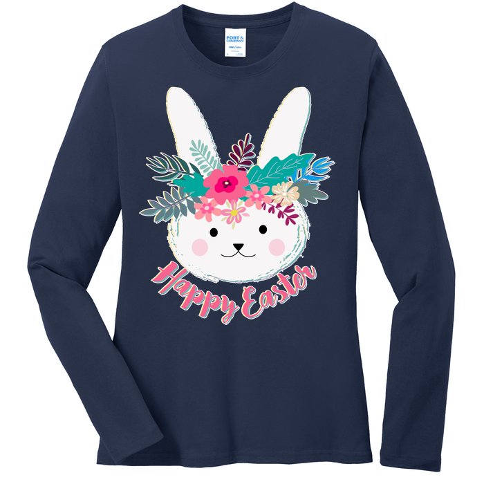 Happy Easter Flower Bunny Ladies Long Sleeve Shirt