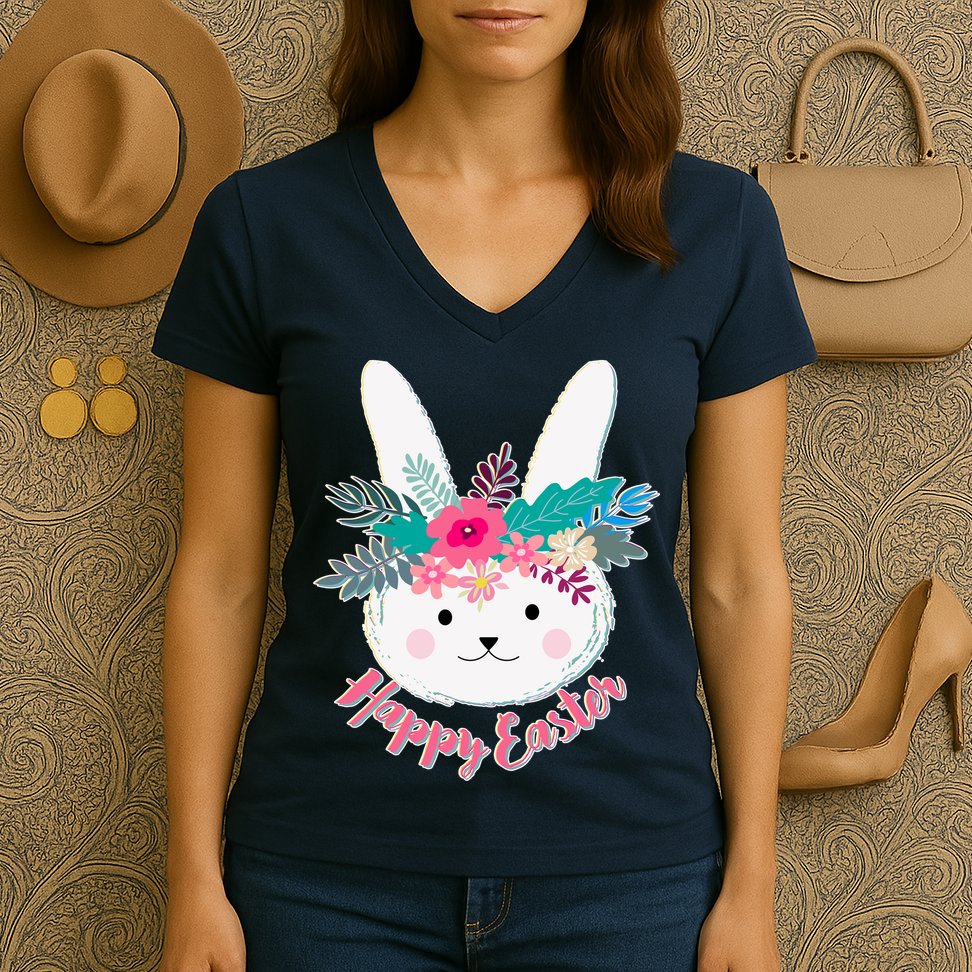 Happy Easter Flower Bunny Women's V-Neck T-Shirt