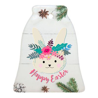 Happy Easter Flower Bunny Ceramic Bell Ornament