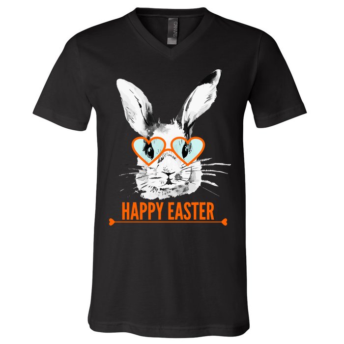 Happy Easter Hipster Bunny Rabbit V-Neck T-Shirt