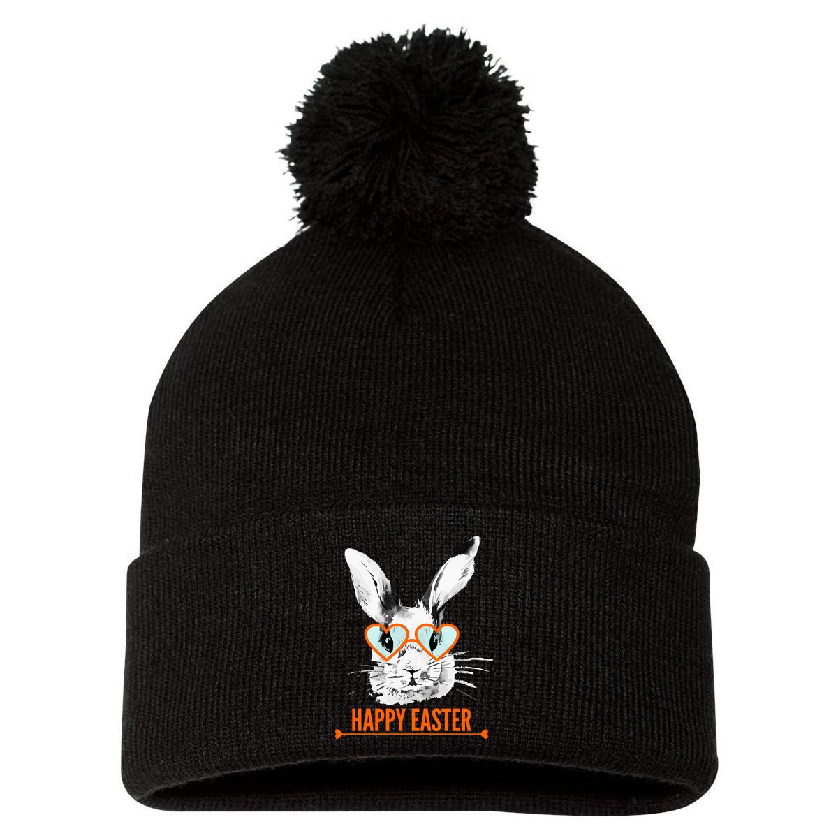 Happy Easter Hipster Bunny Rabbit Pom Pom 12in Knit Beanie