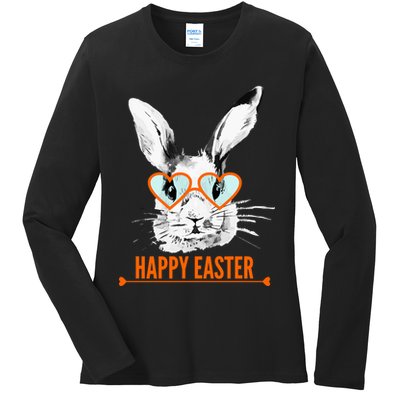 Happy Easter Hipster Bunny Rabbit Ladies Long Sleeve Shirt