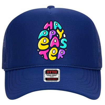 Happy Easter Pastel Egg High Crown Mesh Back Trucker Hat