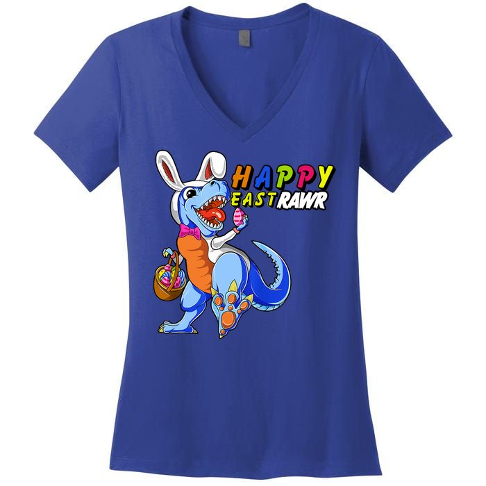 Happy EastRawar T-Rex Dino Easter Eggs Women's V-Neck T-Shirt