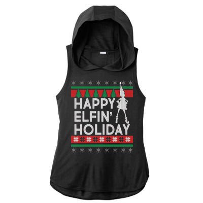 Happy Elfin' Holiday Ugly Christmas Ladies PosiCharge Tri-Blend Wicking Draft Hoodie Tank