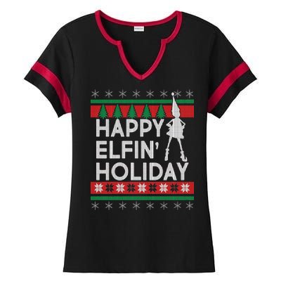 Happy Elfin' Holiday Ugly Christmas Ladies Halftime Notch Neck Tee