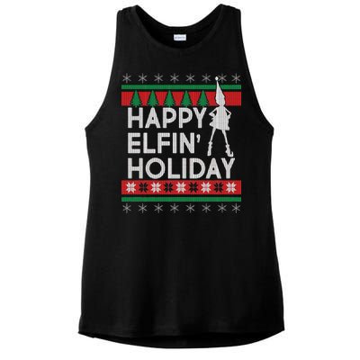 Happy Elfin' Holiday Ugly Christmas Ladies PosiCharge Tri-Blend Wicking Tank