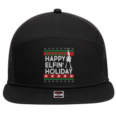 Happy Elfin' Holiday Ugly Christmas 7 Panel Mesh Trucker Snapback Hat