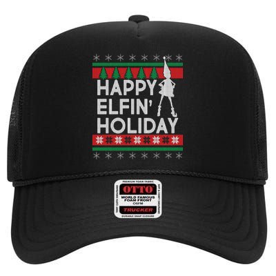 Happy Elfin' Holiday Ugly Christmas High Crown Mesh Back Trucker Hat