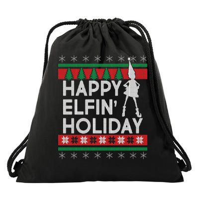 Happy Elfin' Holiday Ugly Christmas Drawstring Bag