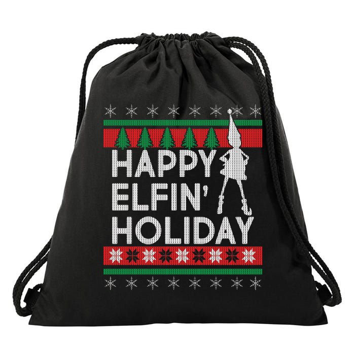 Happy Elfin' Holiday Ugly Christmas Drawstring Bag