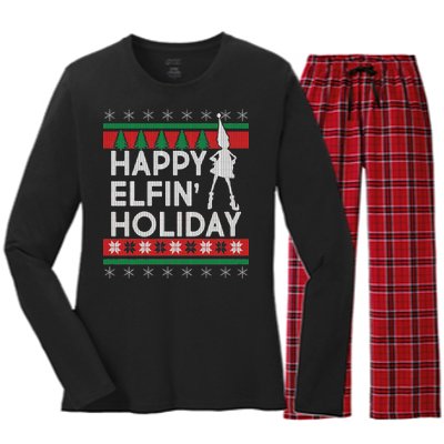 Happy Elfin' Holiday Ugly Christmas Women's Long Sleeve Flannel Pajama Set 