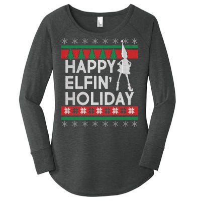 Happy Elfin' Holiday Ugly Christmas Women's Perfect Tri Tunic Long Sleeve Shirt