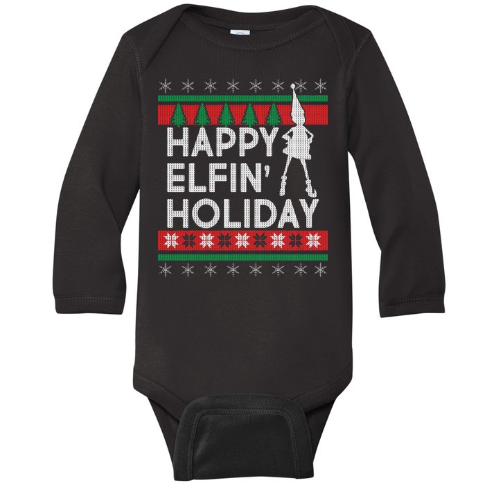 Happy Elfin' Holiday Ugly Christmas Baby Long Sleeve Bodysuit