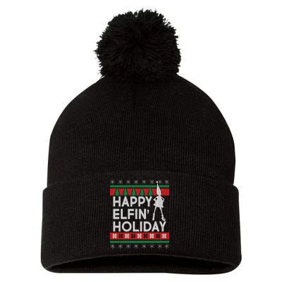 Happy Elfin' Holiday Ugly Christmas Pom Pom 12in Knit Beanie