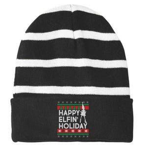 Happy Elfin' Holiday Ugly Christmas Striped Beanie with Solid Band