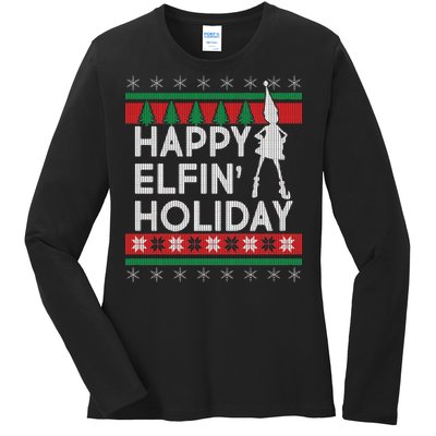 Happy Elfin' Holiday Ugly Christmas Ladies Long Sleeve Shirt