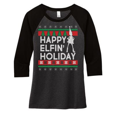 Happy Elfin' Holiday Ugly Christmas Women's Tri-Blend 3/4-Sleeve Raglan Shirt