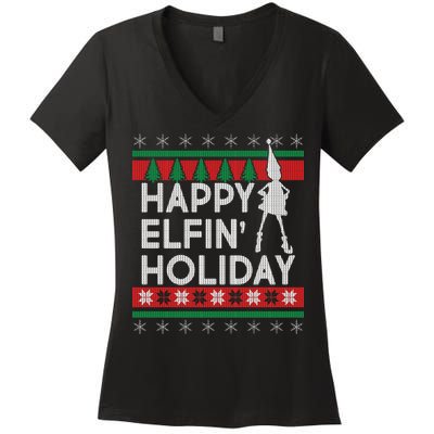 Happy Elfin' Holiday Ugly Christmas Women's V-Neck T-Shirt