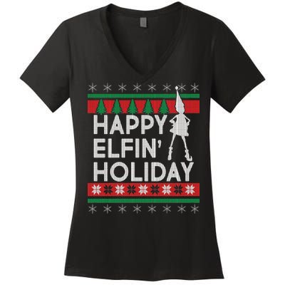 Happy Elfin' Holiday Ugly Christmas Women's V-Neck T-Shirt