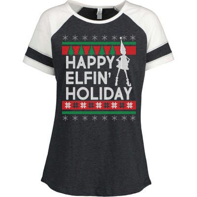 Happy Elfin' Holiday Ugly Christmas Enza Ladies Jersey Colorblock Tee