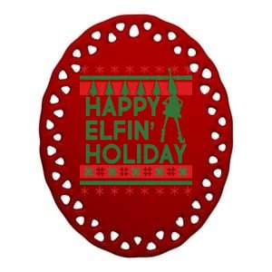 Happy Elfin' Holiday Ugly Christmas Ceramic Oval Ornament