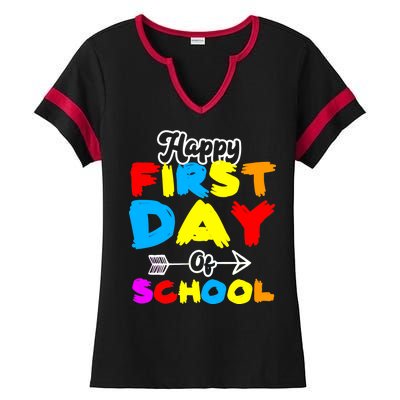 Happy First Day Of School Funny Back To School Ladies Halftime Notch Neck Tee