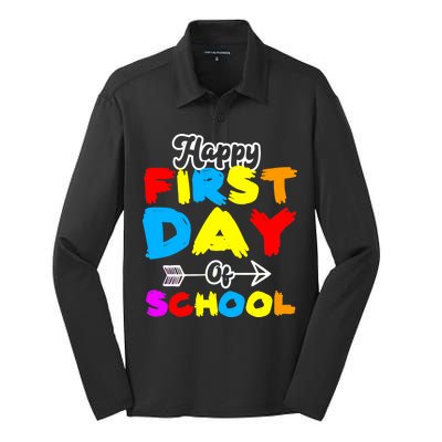 Happy First Day Of School Funny Back To School Silk Touch Performance Long Sleeve Polo