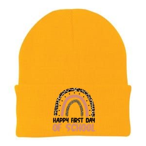 Happy First Day Of School Leopard Rainbow Knit Cap Winter Beanie