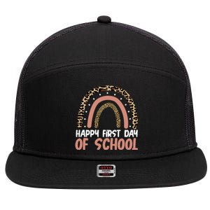 Happy First Day Of School Leopard Rainbow 7 Panel Mesh Trucker Snapback Hat