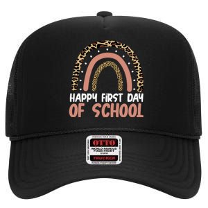 Happy First Day Of School Leopard Rainbow High Crown Mesh Back Trucker Hat