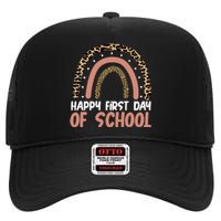 Happy First Day Of School Leopard Rainbow High Crown Mesh Back Trucker Hat