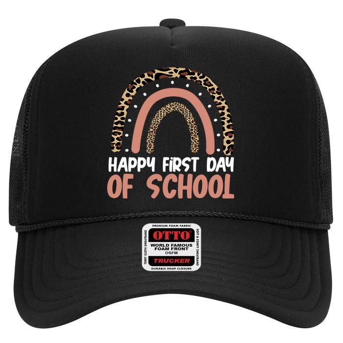 Happy First Day Of School Leopard Rainbow High Crown Mesh Back Trucker Hat