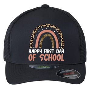 Happy First Day Of School Leopard Rainbow Flexfit Unipanel Trucker Cap